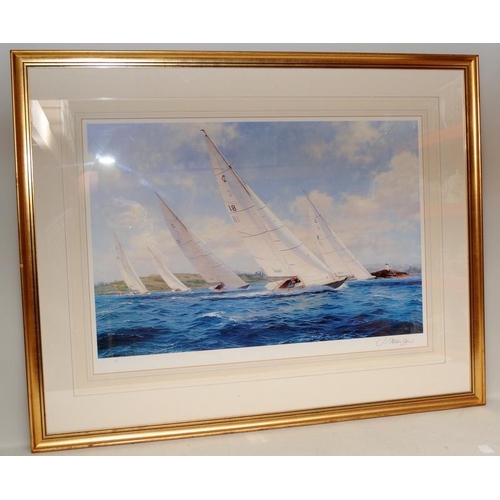 412 - John Steven Dews (1949-) framed and glazed limited edition print - Sailboat Racing Off Of Cowes. Art... 