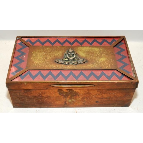 128A - Vintage copper clad mess table cigarette/cigar box with Royal Artillery crest to lid. 25.5cms across... 