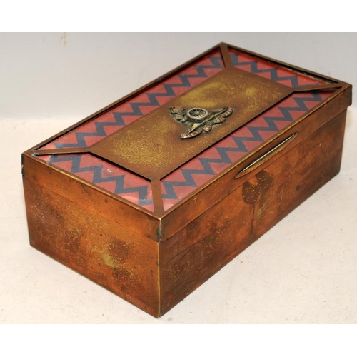 128A - Vintage copper clad mess table cigarette/cigar box with Royal Artillery crest to lid. 25.5cms across... 