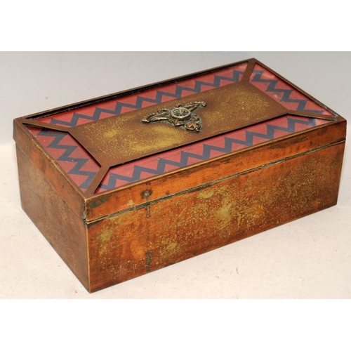 128A - Vintage copper clad mess table cigarette/cigar box with Royal Artillery crest to lid. 25.5cms across... 