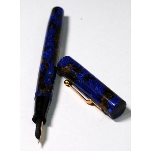19 - Mabie Todd Blackbird self filling fountain pen with attractive Oriental Blue / Gold marble effect bo... 