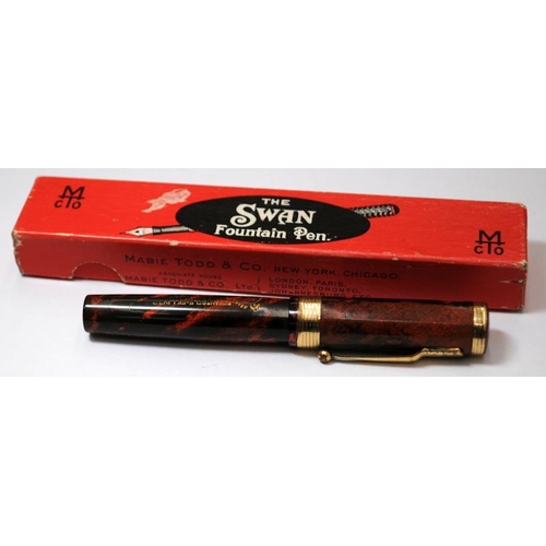 33 - Rare boxed USA Swan lever fill fountain pen. Mottled black and red body. Large #6 nib. Rare shorter ... 