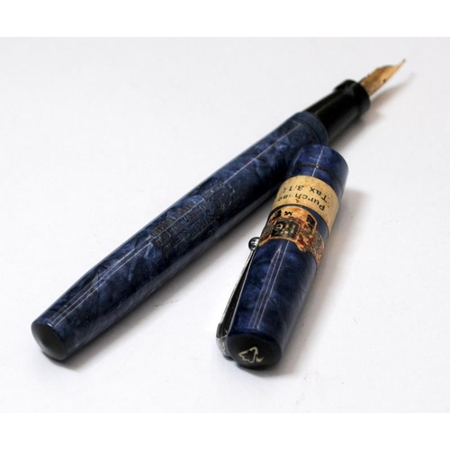 34 - Boxed Swan fountain pen with blue marble body. Fitted with 14ct Swan #2 nib. NOS with sticker attach... 