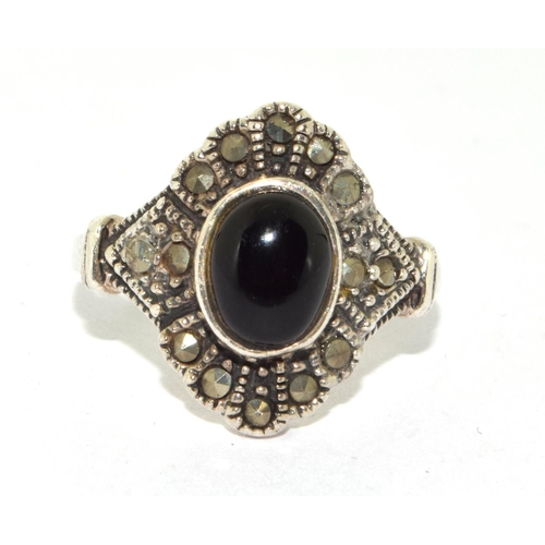 229 - Black Onyx Art Deco silver marcasite ring Size N 1/2.