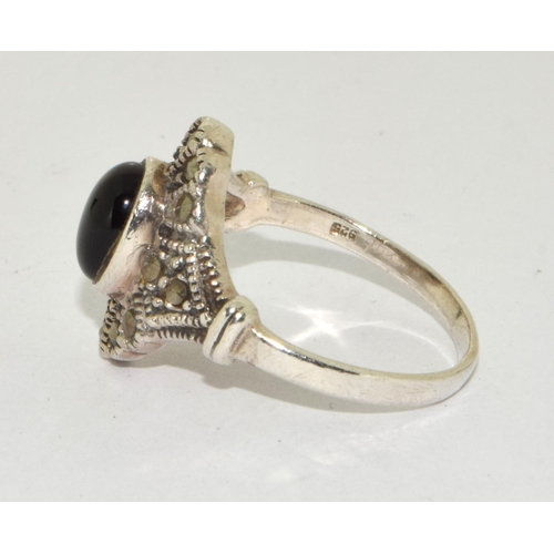 229 - Black Onyx Art Deco silver marcasite ring Size N 1/2.