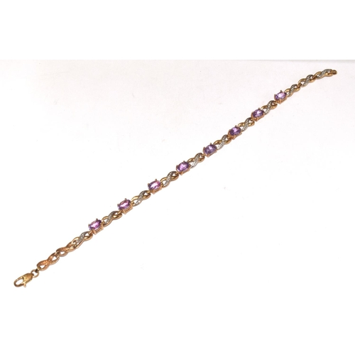 198 - 9ct Gold Diamond & Amethyst Fancy Link Bracelet