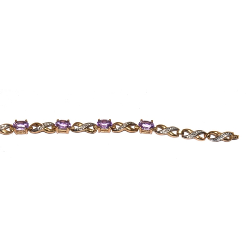 198 - 9ct Gold Diamond & Amethyst Fancy Link Bracelet