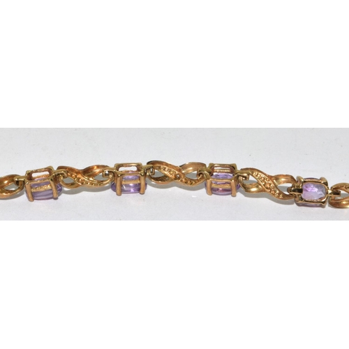 198 - 9ct Gold Diamond & Amethyst Fancy Link Bracelet