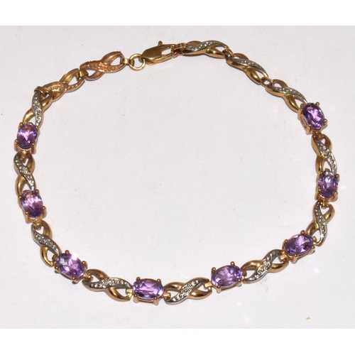 198 - 9ct Gold Diamond & Amethyst Fancy Link Bracelet