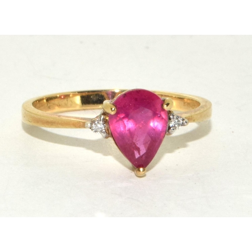 206 - 9ct Gold Ladies Ruby & Diamond Pear Shaped Ring. Size N