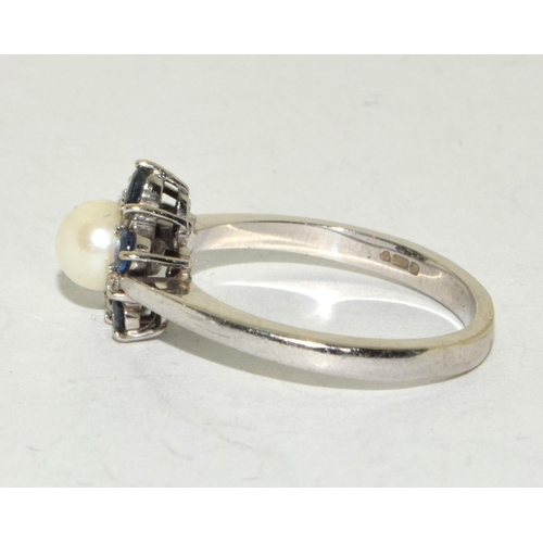 181 - 9ct White Gold Ladies Sapphire, Diamond & Pearl Ring. Size O