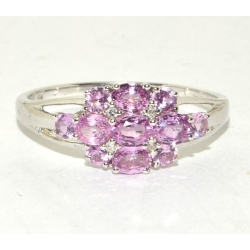 186 - 9ct White Gold Ladies Pink Topaz & Diamond Cluster Ring. Size T