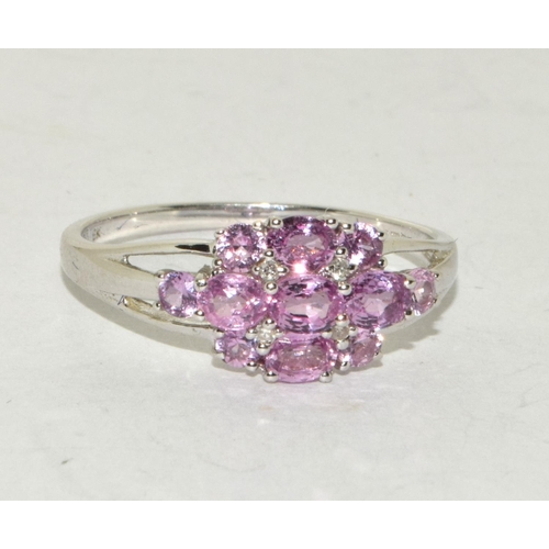 186 - 9ct White Gold Ladies Pink Topaz & Diamond Cluster Ring. Size T