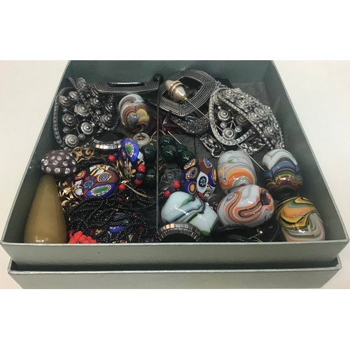 159 - A box containing antique shoe buckles, trade beads and miscellaneous items.