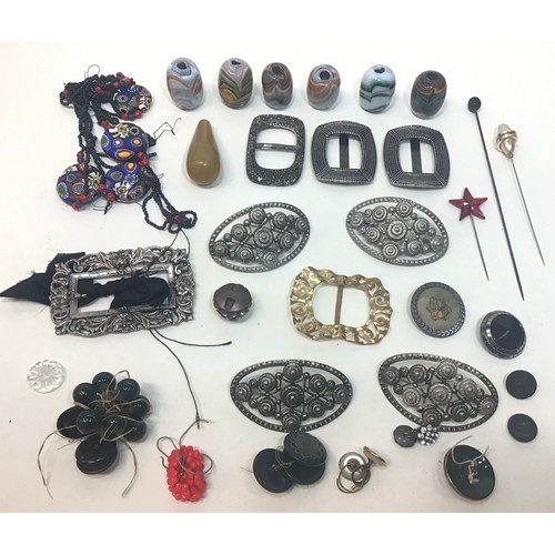 159 - A box containing antique shoe buckles, trade beads and miscellaneous items.