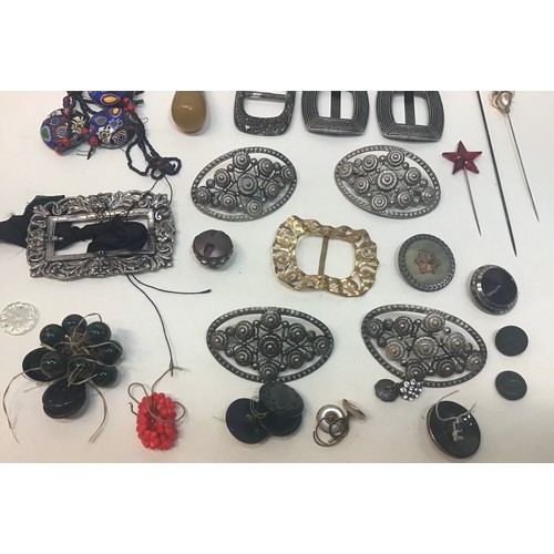 159 - A box containing antique shoe buckles, trade beads and miscellaneous items.