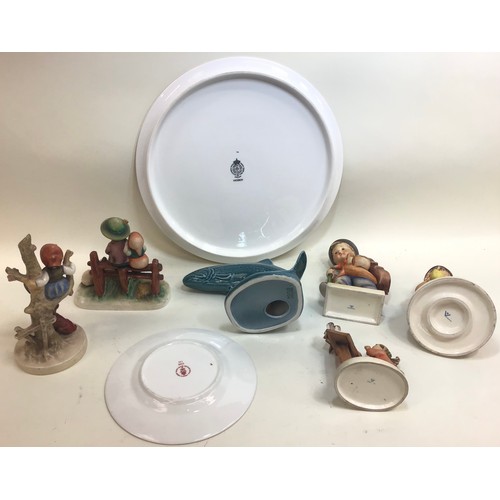 82 - Collection of various ceramics to include 5 Hummel figures, Crown Derby plate, Poole Pottery fish an... 