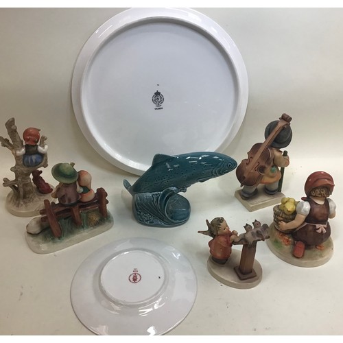 82 - Collection of various ceramics to include 5 Hummel figures, Crown Derby plate, Poole Pottery fish an... 