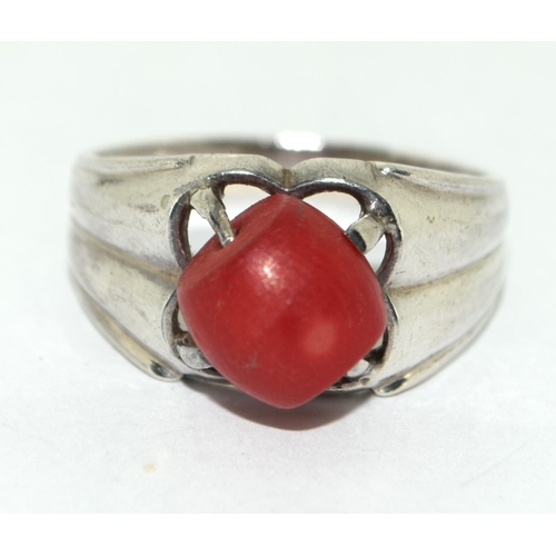 236 - Vintage Mediterranean red coral white metal ring Size T.