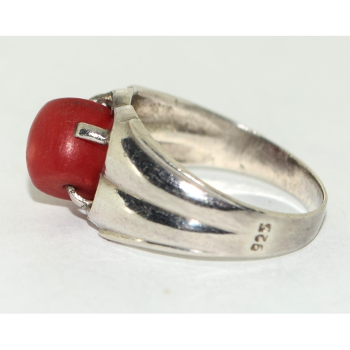 236 - Vintage Mediterranean red coral white metal ring Size T.