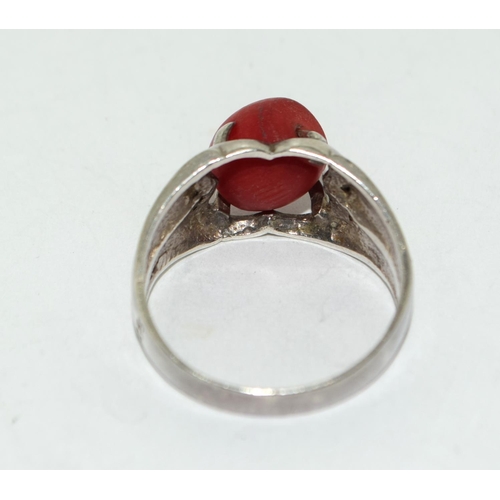 236 - Vintage Mediterranean red coral white metal ring Size T.