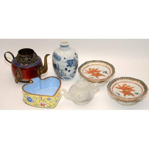 8 - Collection of miscellaneous Chinese items including Miniature painted glass tea Pot, red carnelian a... 