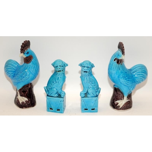 35 - Two pairs of Chinese turquoise glazed foo lions & cockerels. Tallest H16cm