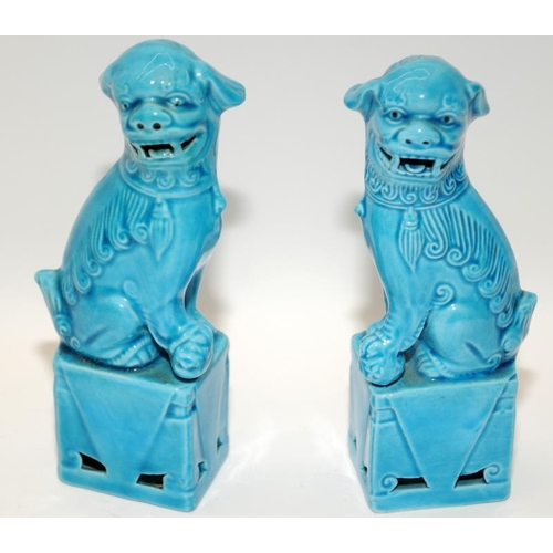 35 - Two pairs of Chinese turquoise glazed foo lions & cockerels. Tallest H16cm