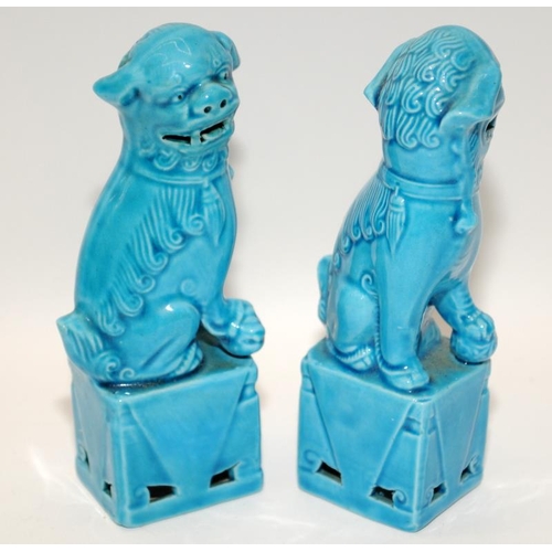 35 - Two pairs of Chinese turquoise glazed foo lions & cockerels. Tallest H16cm