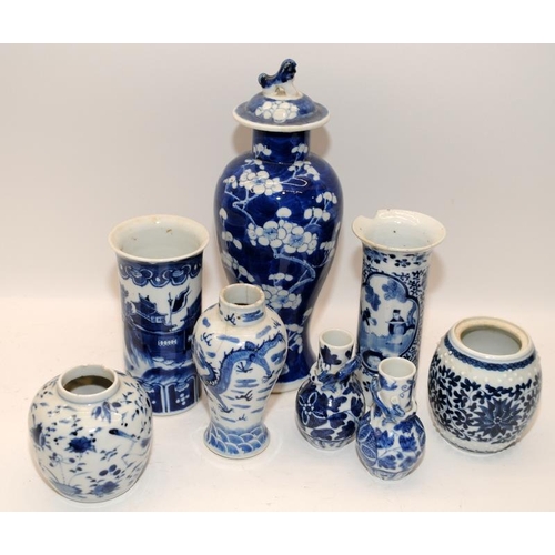 52 - Group of six Chinese 19th century nblue & white porcelain vases and two pots. Tallest H28cm. (faults... 