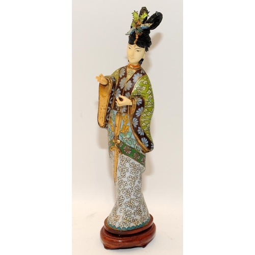 55 - Oriental Geisha lady figure in traditional dress 
on wooden stand 27cm tall