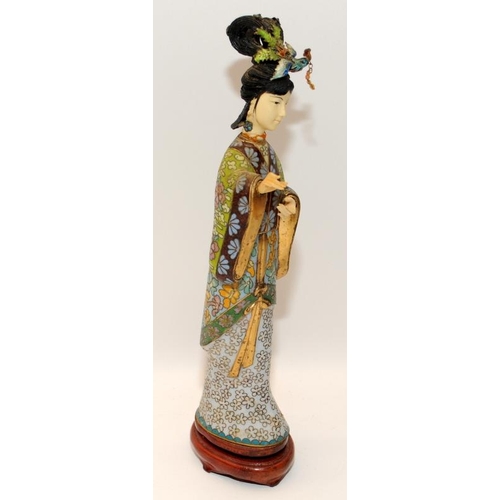 55 - Oriental Geisha lady figure in traditional dress 
on wooden stand 27cm tall