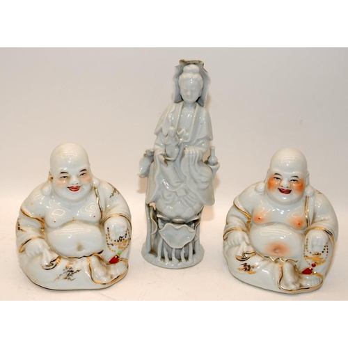 57 - A pair of Chinese porcelain blanc de chine Buddhas with gilt decoration (H14cm) and a figure of Kwan... 