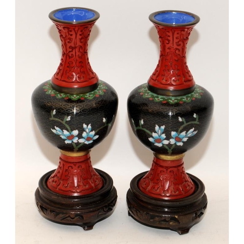 65 - Handed pair of Oriental cloisonné vases with applied cinnabar decoration together a similar bowl all... 