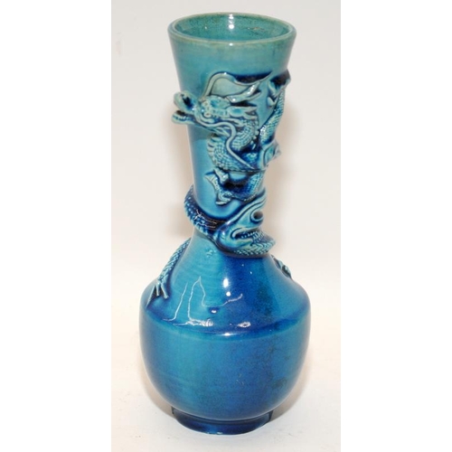 87 - 19th centuary blue monochrome dragon vase relief decorated with 3 claw dragon wrapped around the nec... 