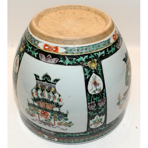 97 - Large Chinese 19th century famille verte fish bowl painted in the Kangxi style & decorated with flow... 