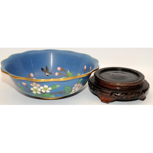 100 - Oriental cloisonne bowl deported with Birds and Lilly's on a light blue background  13cm x26cm