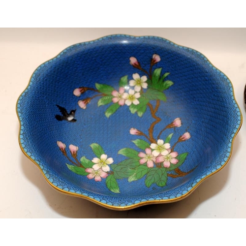 100 - Oriental cloisonne bowl deported with Birds and Lilly's on a light blue background  13cm x26cm