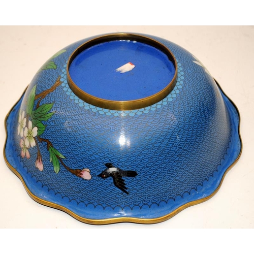 100 - Oriental cloisonne bowl deported with Birds and Lilly's on a light blue background  13cm x26cm