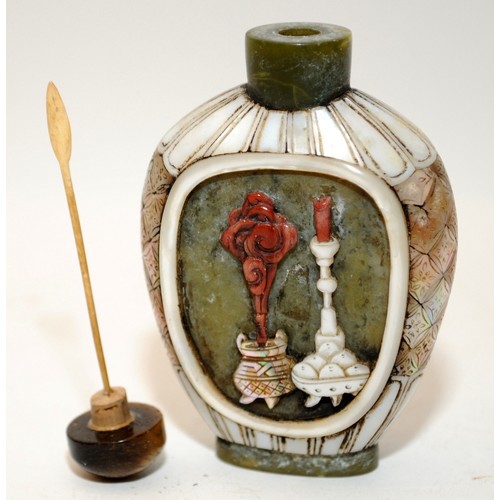 110 - A rare Chinese 19th-20th century spinach jade snuff bottle with mother of pearl, coral & agate with ... 