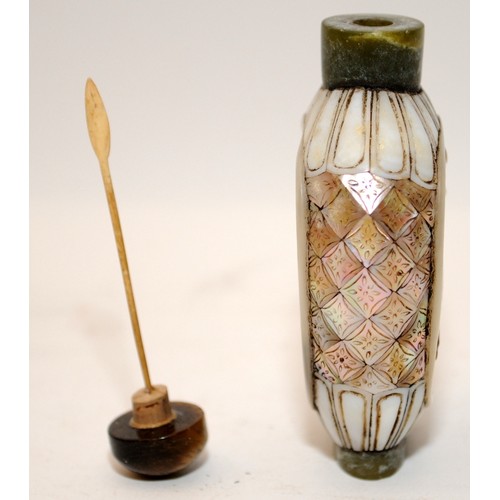 110 - A rare Chinese 19th-20th century spinach jade snuff bottle with mother of pearl, coral & agate with ... 