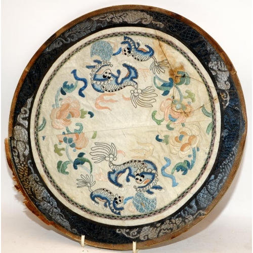 117 - A collection of six Chinese 19th century textile embroidery bats & flowers roundels together with a ... 