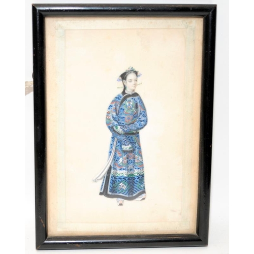 122 - Four Chinese 19th century rice paper paintings to include emperor and empress, tradesman and a junk,... 