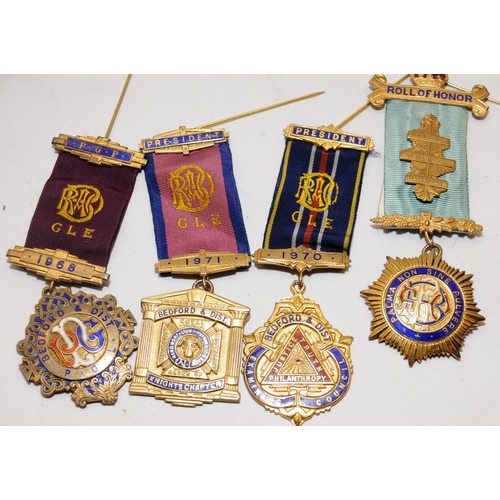 438 - Collection of RAOB Jewels. 7 in lot, 6 of which are hallmarked Sterling Silver, c/w a red PGP sash.