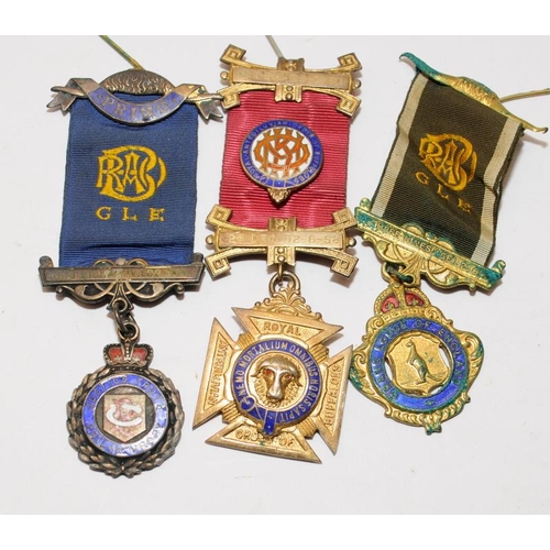 438 - Collection of RAOB Jewels. 7 in lot, 6 of which are hallmarked Sterling Silver, c/w a red PGP sash.