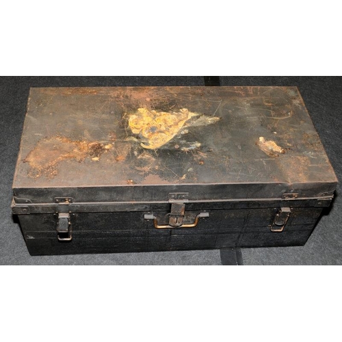 443 - Large vintage Japanned pressed steel travelling trunk 96cms across x 44cms deep x 34cms tall