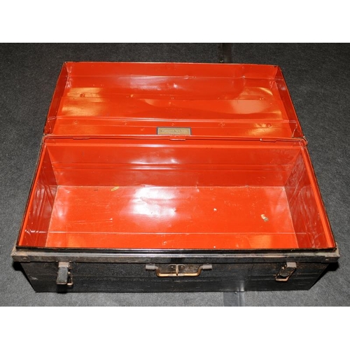 443 - Large vintage Japanned pressed steel travelling trunk 96cms across x 44cms deep x 34cms tall