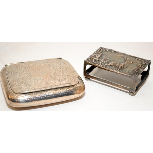 162 - Sterling silver tobacco tin hallmarked for Birmingham 1921, c/w a matchbox holder featuring a stag h... 