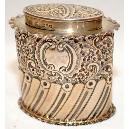 163 - Sterling silver oval tobacco tin, 9.5cms tall, hallmarked for London 1903. 128g.