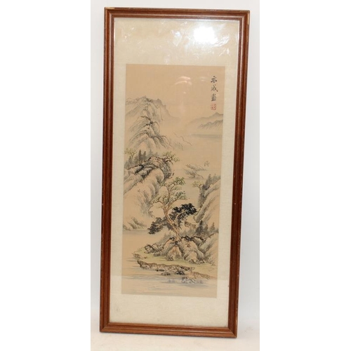 142 - Framed Chinese ink and watercolour scroll featuring an Oriental landscape. O/all frame size 52cms x ... 